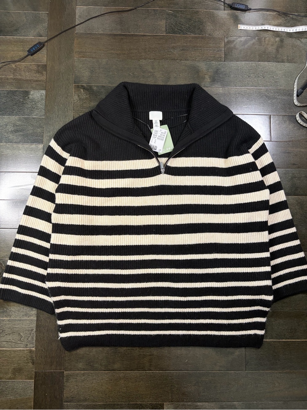 H&M Black & Cream Striped Quarter Zip Oversized Sweater XL NWT